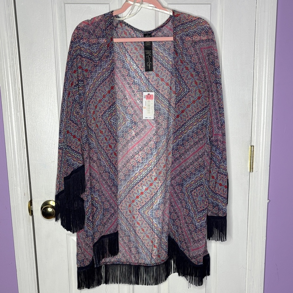 Jessica Simpson Pink and Blue Patterned Poncho with Fringe